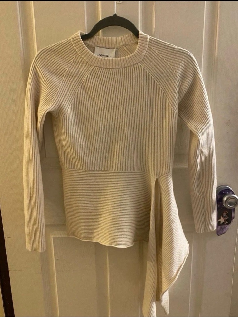 3.1 Phillip Lim Cream Ribbed Asymmetrical Peplum Sweater